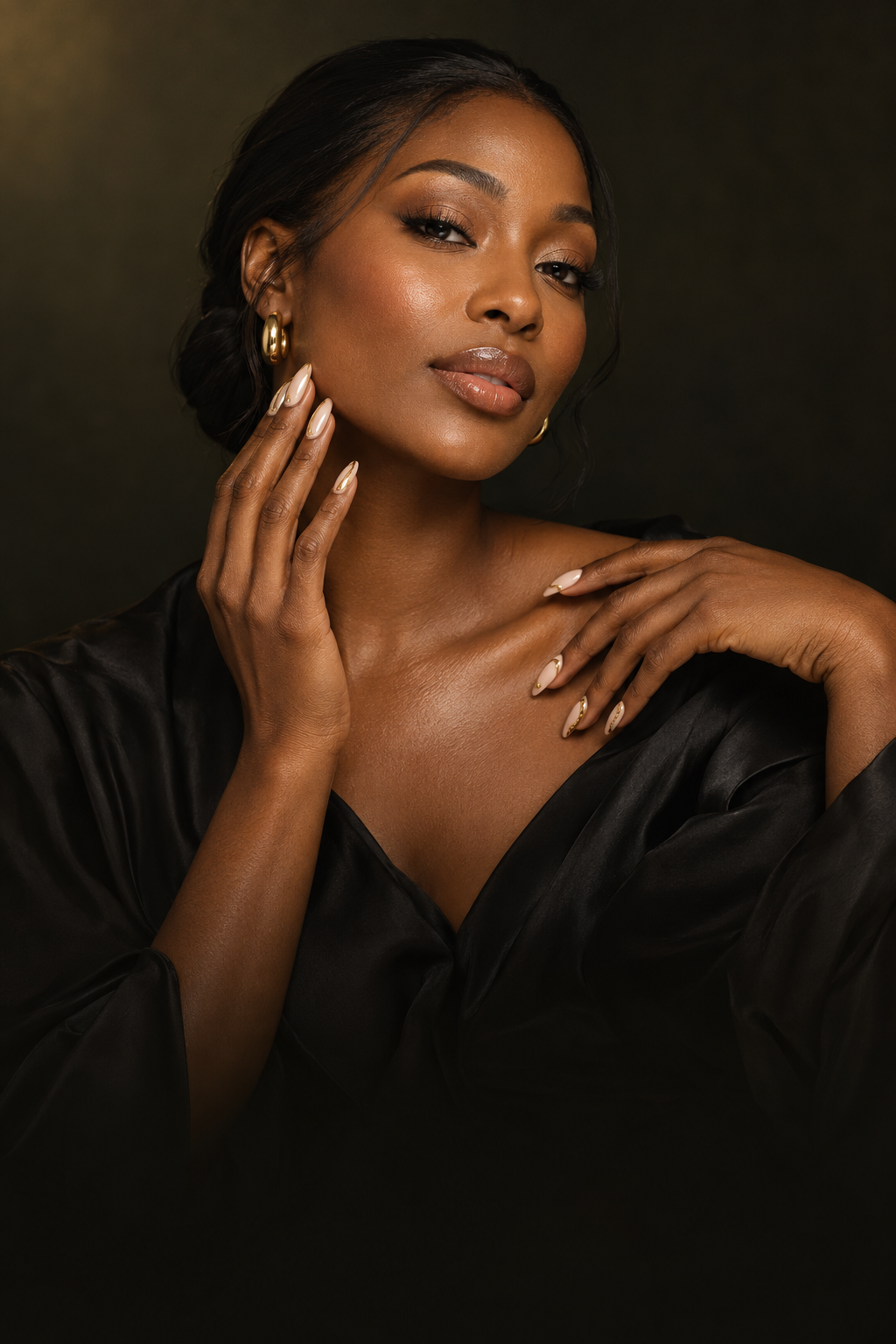 Black female beauty model showcasing a champagne and gold manicure