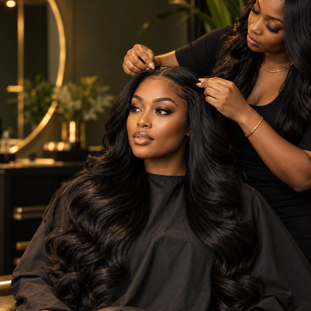 Black woman having a hair installation styled