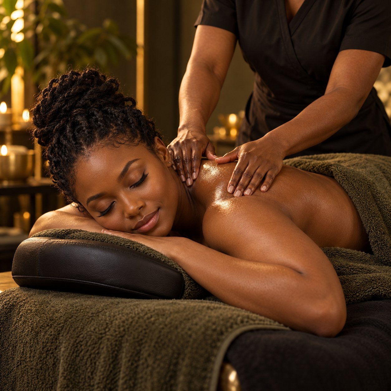 Black woman receiving a professional shoulder massage