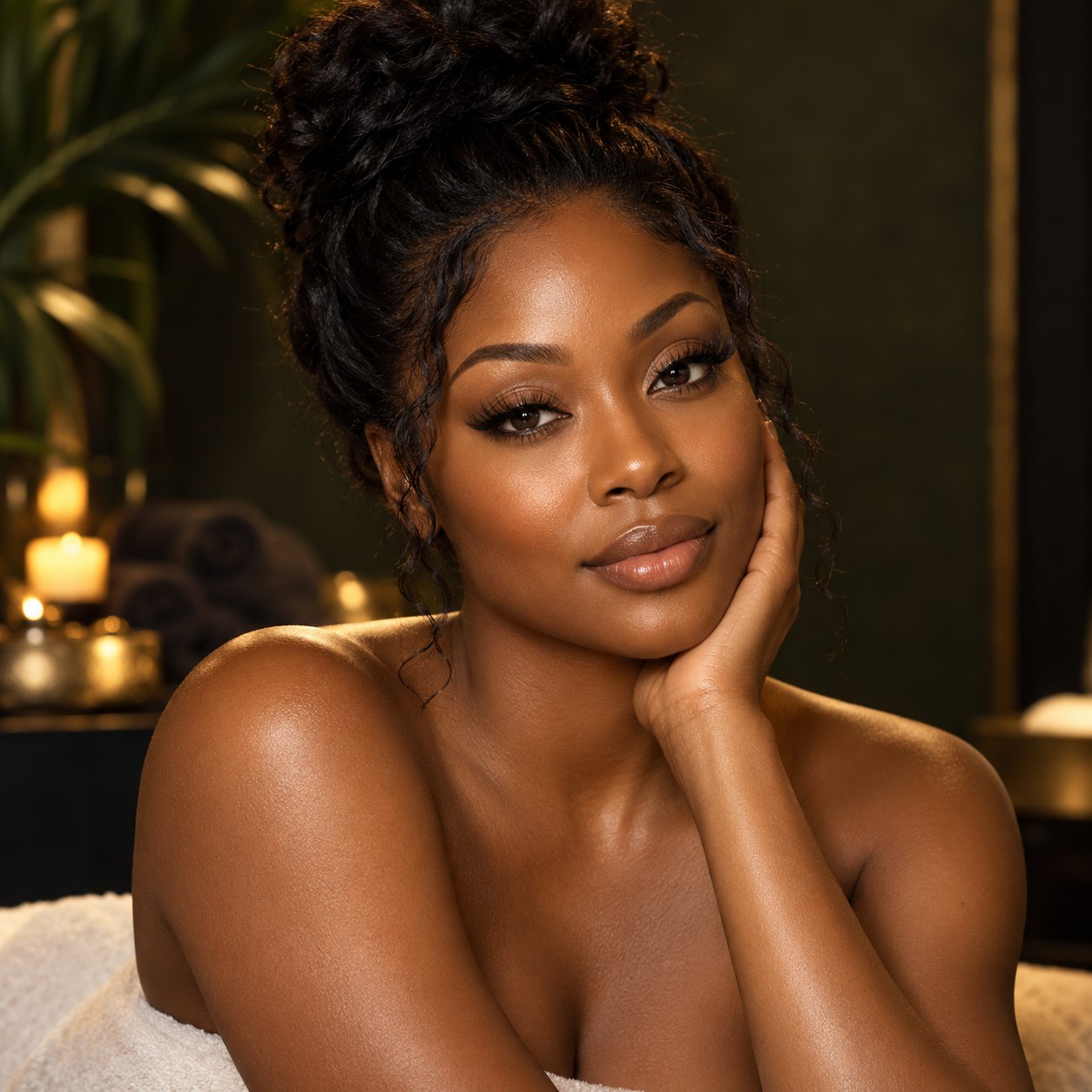 Black beauty model showcasing eyelashes and eyeliner