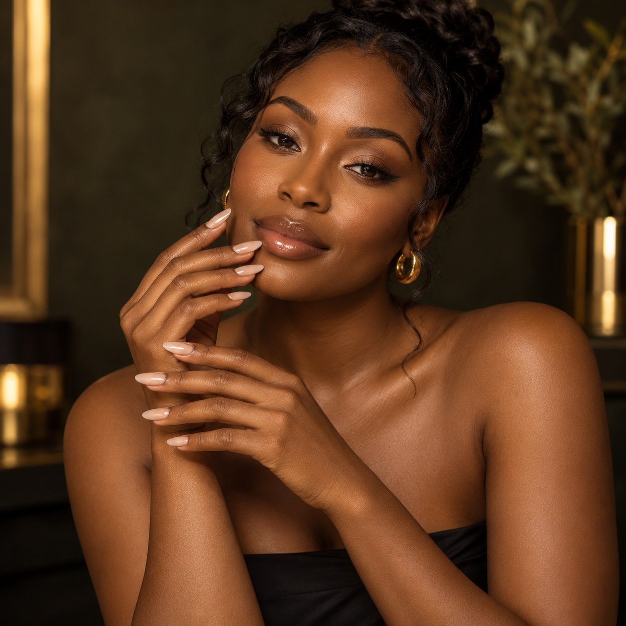 Black female nail model showcasing a champagne manicure