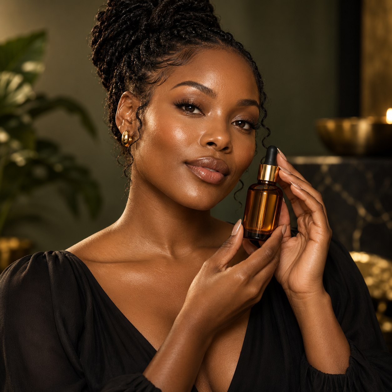 Black female model holding a skincare product