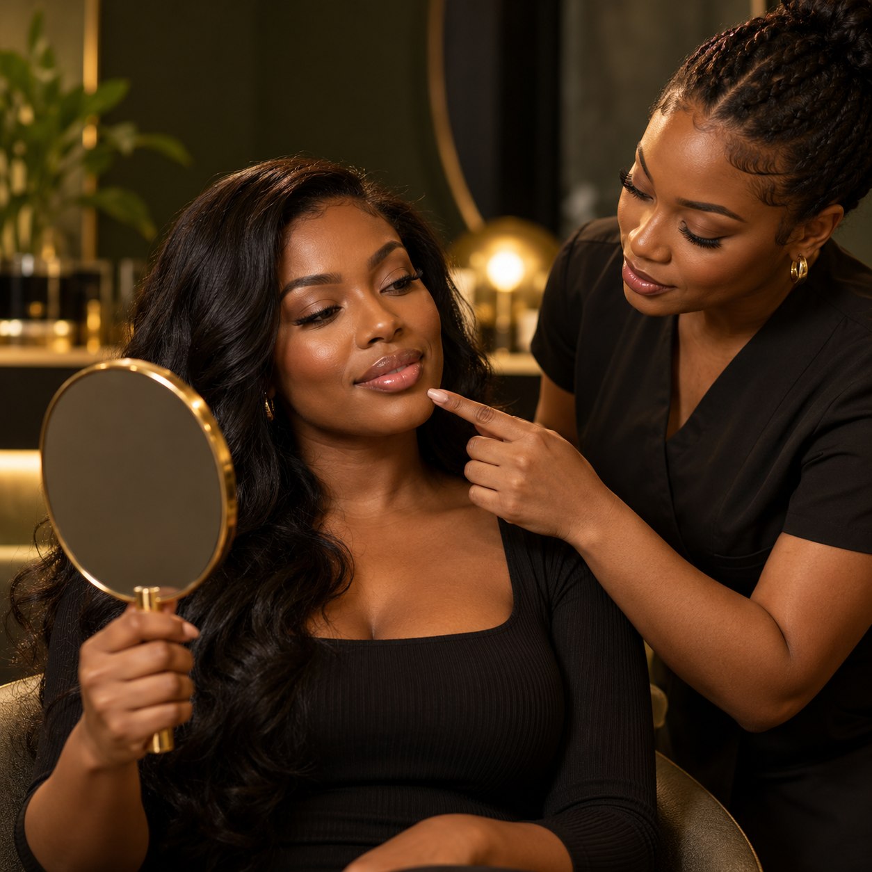 Black woman discussing beauty care with a practitioner